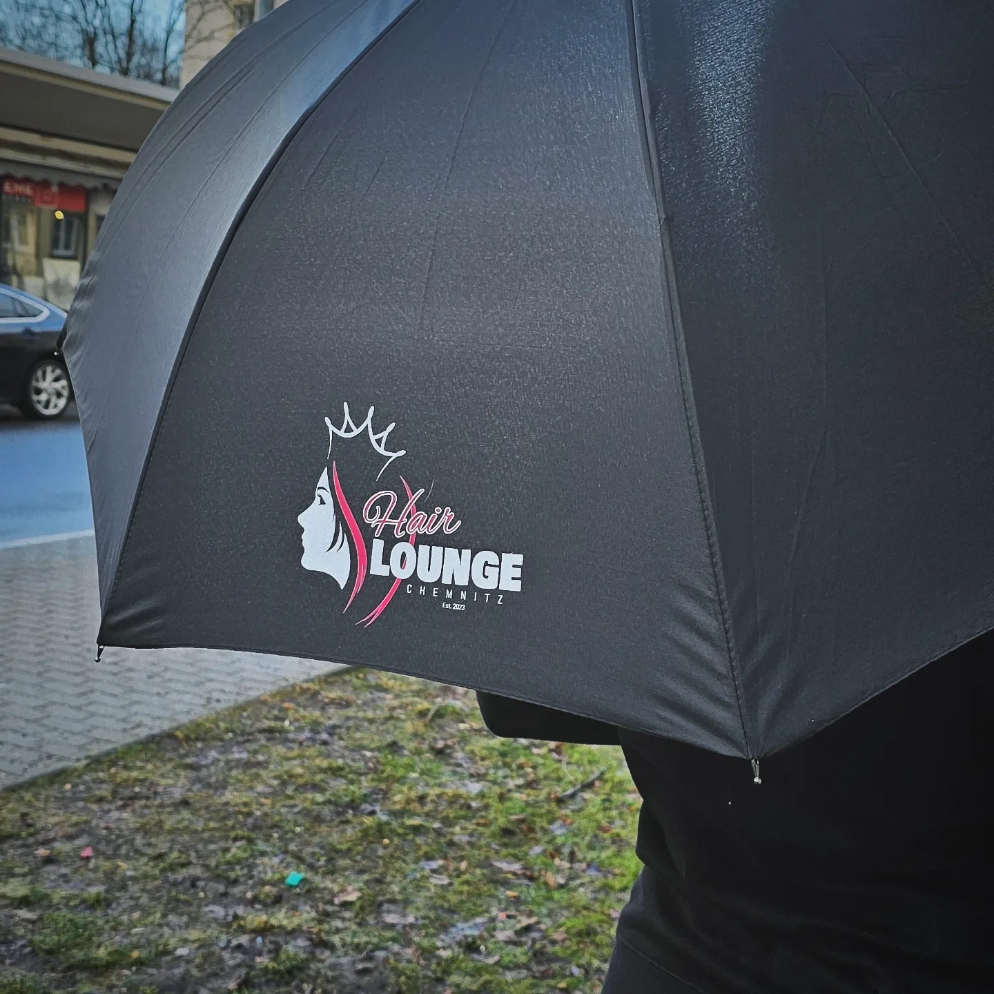 DTF Transfer Regenschirm Hair Lounge Chemnitz – Beispielprojekt